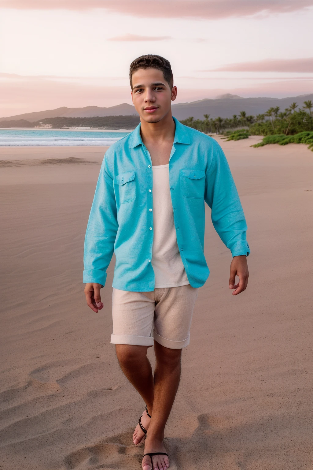 photo of jordan_torres <lora:jordan_torres_young-05:1> golden hour, natural lighting, Flamenco Beach, Culebra, wearing a beachy shirt and linen shorts and sandals, walking along the shoreline, white sands and turquoise waters, tropical beach backdrop