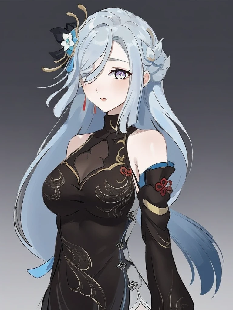 <lora:xl_shenhe(lenghuayoulu)2-000012:1>,shenhe is a girl with light blue hair and blue eyes,She is wearing the "Lenghuayoulu" outfit which includes black china dress and black black sleeves,, masterpiece, best quality,