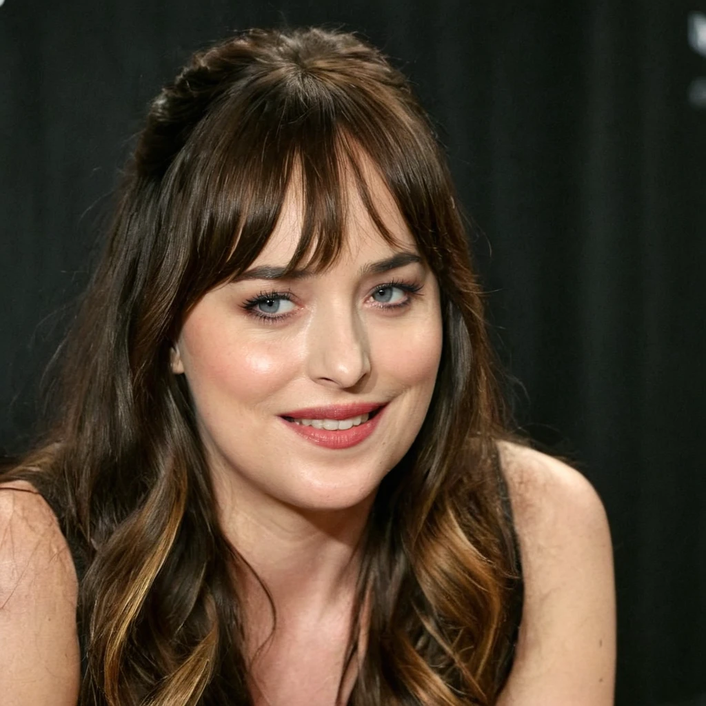 Dakota Johnson on a interview scene, gentle smile, talking, cinematic, high quality, super high res <lora:dakotajohnson_xl-000015:1>