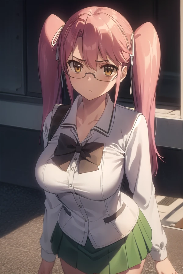 sayatakagi, <lora:saya takagi s1-lora-nochekaiser:1>,
saya takagi, long hair, ribbon, twintails, (brown eyes:1.3), hair ribbon, pink hair, glasses,
BREAK skirt, thighhighs, school uniform, serafuku, zettai ryouiki, green skirt, bowtie, long sleeves, black thighhighs, black bowtie,
BREAK outdoors, city, zombies, sun, sky, clouds, cars,
BREAK looking at viewer, (cowboy shot:1.5),
BREAK <lyco:GoodHands-beta2:1>, (masterpiece:1.2), best quality, high resolution, unity 8k wallpaper, (illustration:0.8), (beautiful detailed eyes:1.6), extremely detailed face, perfect lighting, extremely detailed CG, (perfect hands, perfect anatomy),