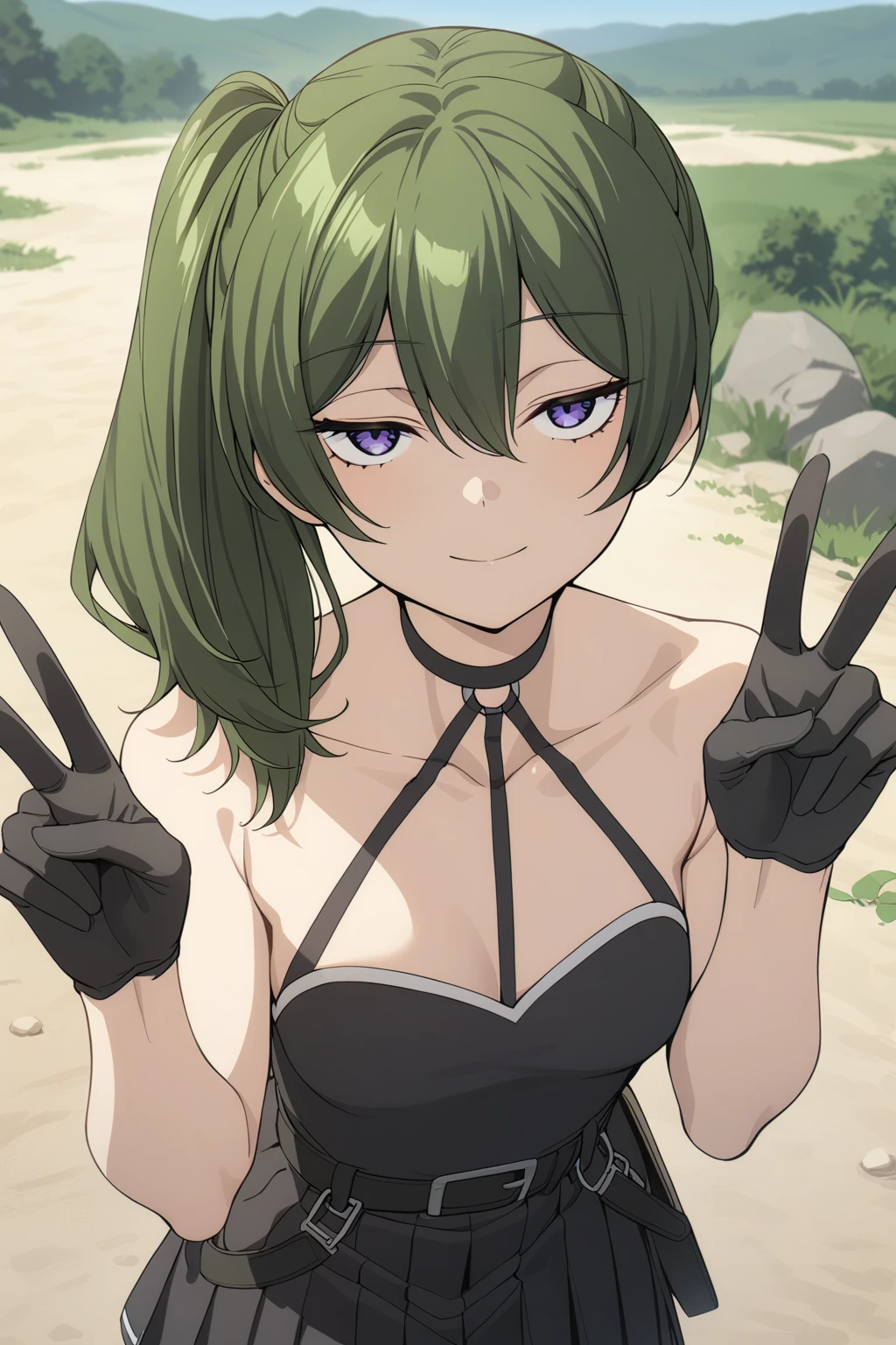 <lora:Ubel_AnimagineXLV3-000050:0.8>ubel,1girl,green hair, bangs,hair between eyes,side ponytail, purple eyes,
black choker, collarbone, sleeveless, black dress,sleeveless dress, halterneck,pleated skirt, black gloves,
looking at viewer, half-closed eyes, expressionless, smile, double v, outdoors, (masterpiece,best quality:1.0),