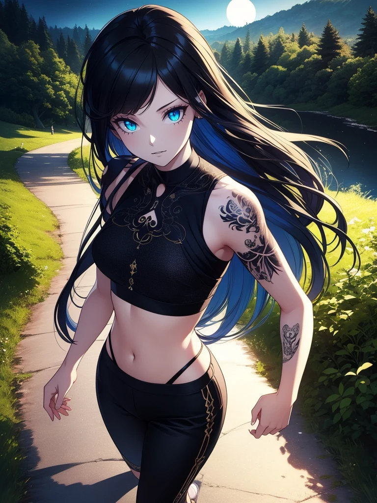 (masterpiece), perfect anatomy, blue hair, intricate, (highly detailed), masterpiece, photorealistic, perfect anatomy, cinematic lighting, shading, super detailed skin, beautiful detailed eyes, best quality, ultra-detailed, (illustration), ultra-detailed, from above, (extremely delicate eyes:1.3), crop top, joggers, (flowing fabric in vibrant colours), tattoo, (black hair, goth clothes:1.3), (long hair), (extremely detailed dress design), fantasy theme, dynamic pose, slight smile, vibrant colour, shadow, contrast, refraction, perspective, depth, good anatomy, forest landscape, stunning details, pathway background, night, moon, <lora:DarkSky Diffusion v1:0.8>