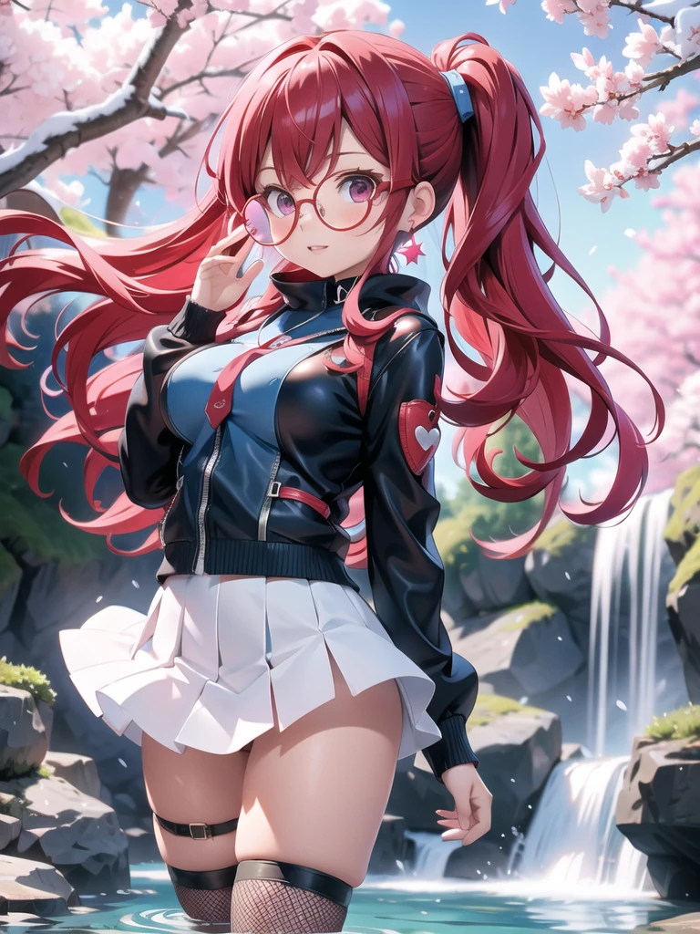 (Red long hair, blue hair, two-tone hair), red cat shaped eyes, medium breasts, star shaped glasses, pink heart pendant, pink heart earings, no underwear, red leather short jacket, blur short leather skirt, red lace fishnet stockings, blue leather high heels, black and white handbag,
onsen, night, snow, sakura trees in the background, waterfall in the background, body view