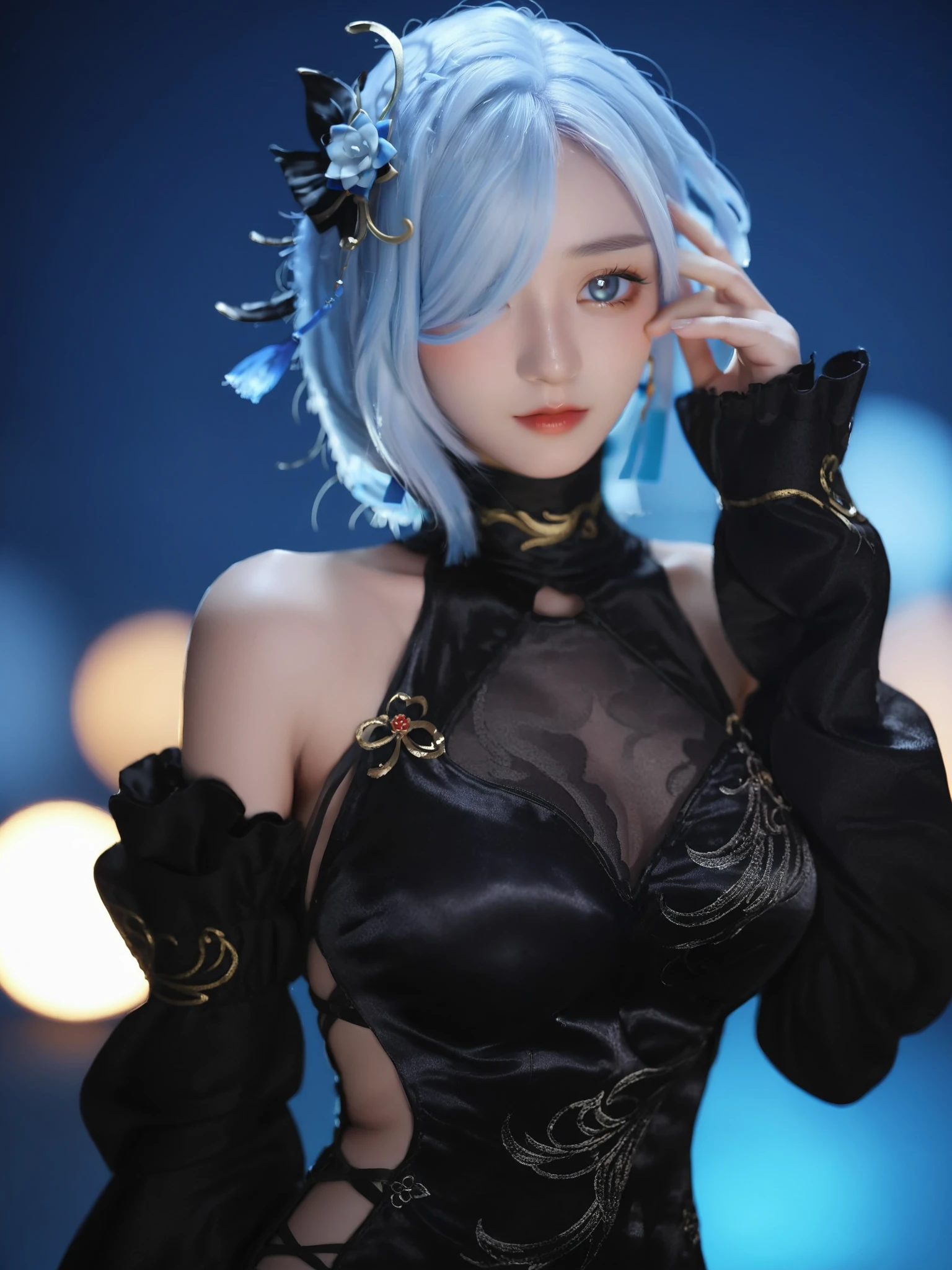 cinematic photo <lora:xl_shenhe(lenghuayoulu)2-000012:1>,shenhe is a girl with light blue hair and blue eyes,She is wearing the "Lenghuayoulu" outfit which includes black china dress and black black sleeves, . 35mm photograph, film, bokeh, professional, 4k, highly detailed