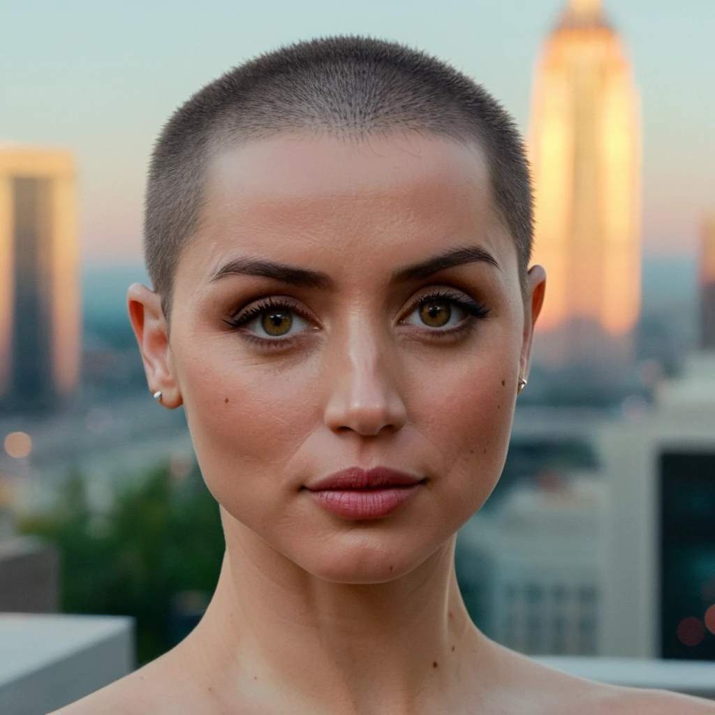 No hair, bald, Ana de Armas with a buzzcut, (Skin Texture, pores, natural,iPhone,RAW)), natural lighting, Highest Quality closeup Portrait photo of Ana de Armas wearing no makeup with a ((buzzcut)), Nikon Z9, realistic matte skin, blurry city in the background, 8K, <lora:multiceleb_ana_nat_em_eli_xl2_standard_merger_12_50_03_07:1>