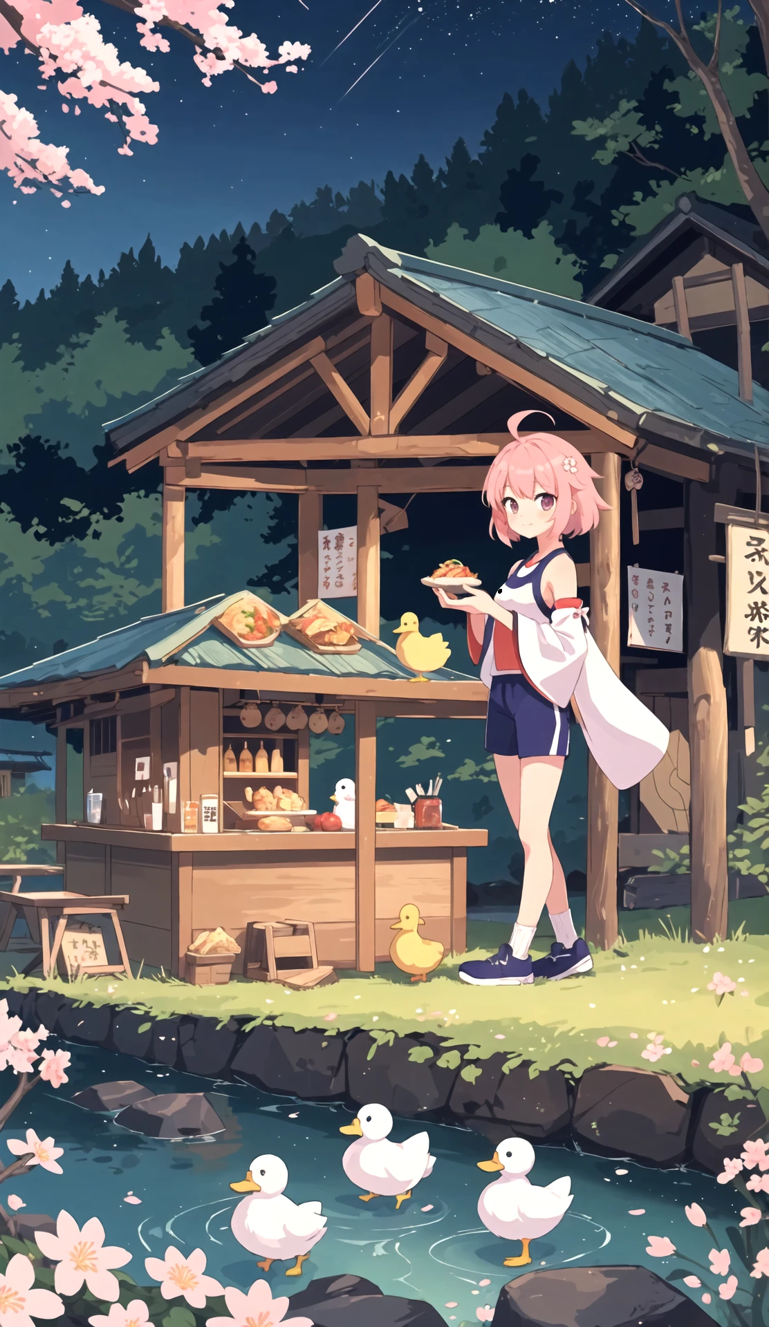 (masterpiece,best quality,highres,colorful,1girl,solo),(izakaya,hut,sakura,town,city,village,night,nature,forest,stream,chicken,duck),food,short hair,ahoge,detached sleeves,miko,gym shorts,looking at viewer,