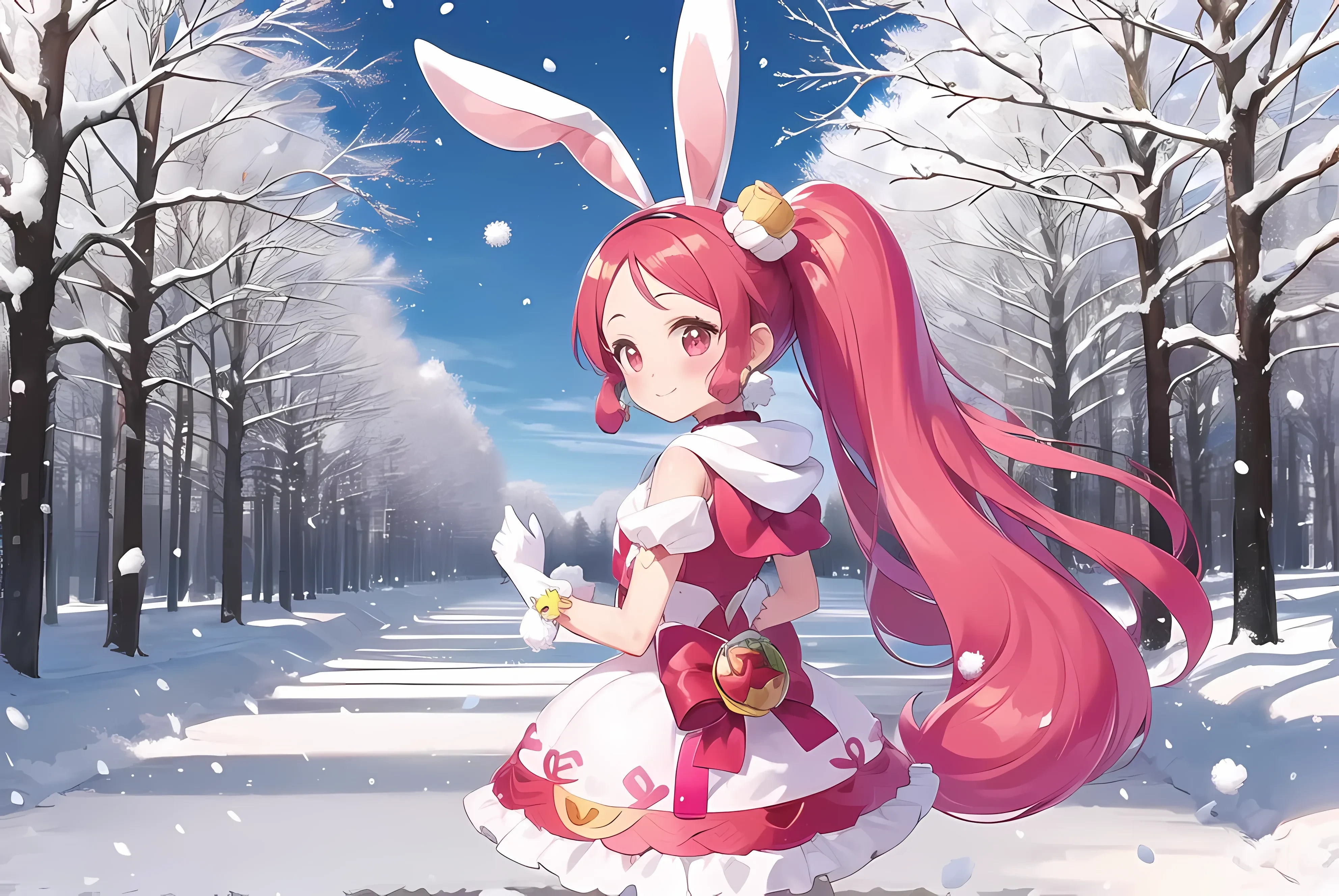 1girl, solo, snow, snowing, scarf, turned away, walking away, looking back, white gloves, pink hair, magical girl, animal ears, rabbit ears, long hair, food-themed hair ornament, hair ornament, twintails, jewelry, pink eyes, extra ears, earrings, pink bow, pom pom (clothes), pink choker, hairband, smile, blush