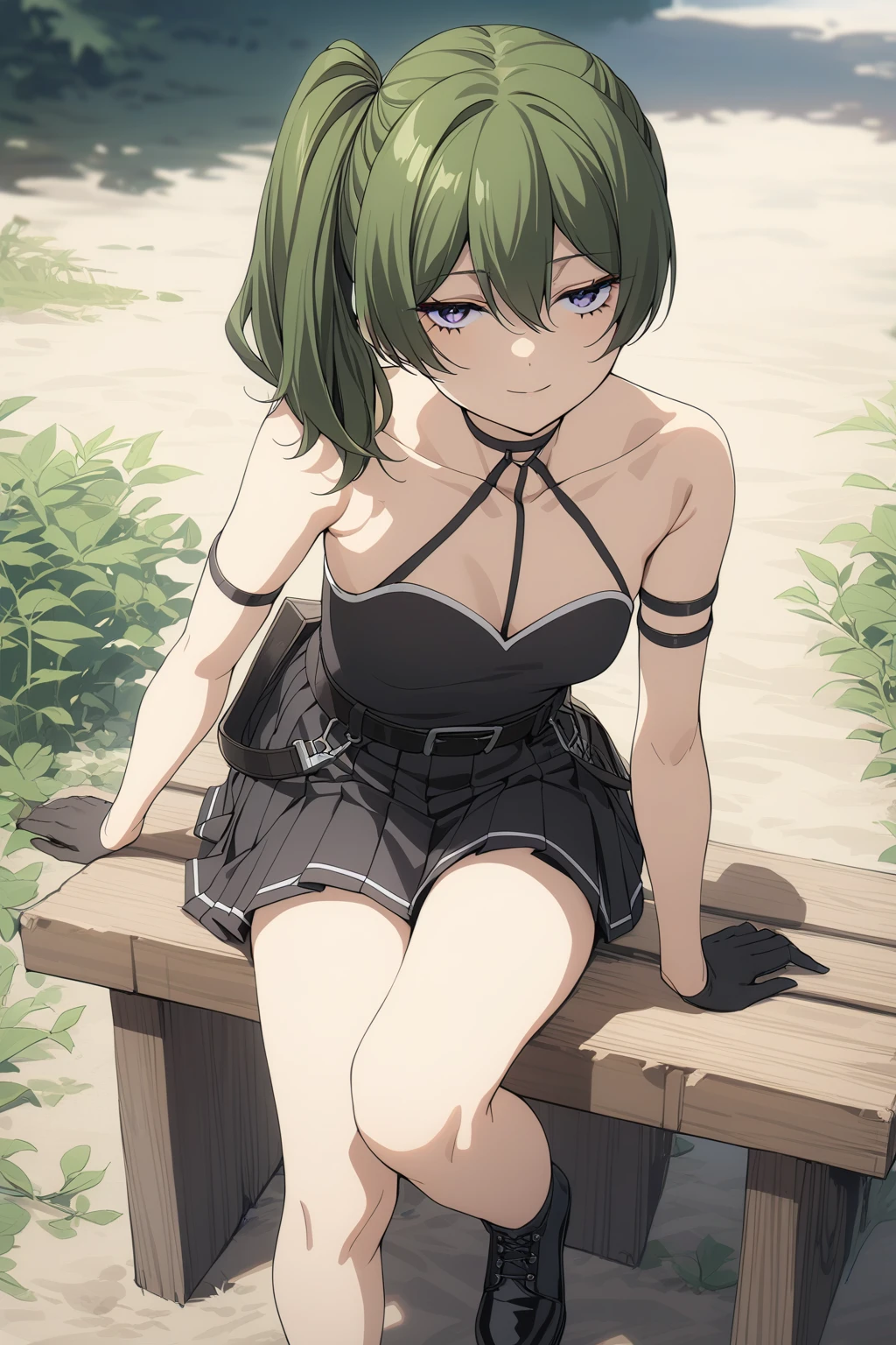 <lora:Ubel_AnimagineXLV3-000050:0.8>
ubel,1girl,green hair, bangs,hair between eyes,side ponytail, purple eyes,
black choker, collarbone, sleeveless, black dress,sleeveless dress, halterneck,pleated skirt, black gloves,belt,black footwear,
looking at viewer, half-closed eyes, expressionless, smile,outdoors, 
masterpiece,best quality,