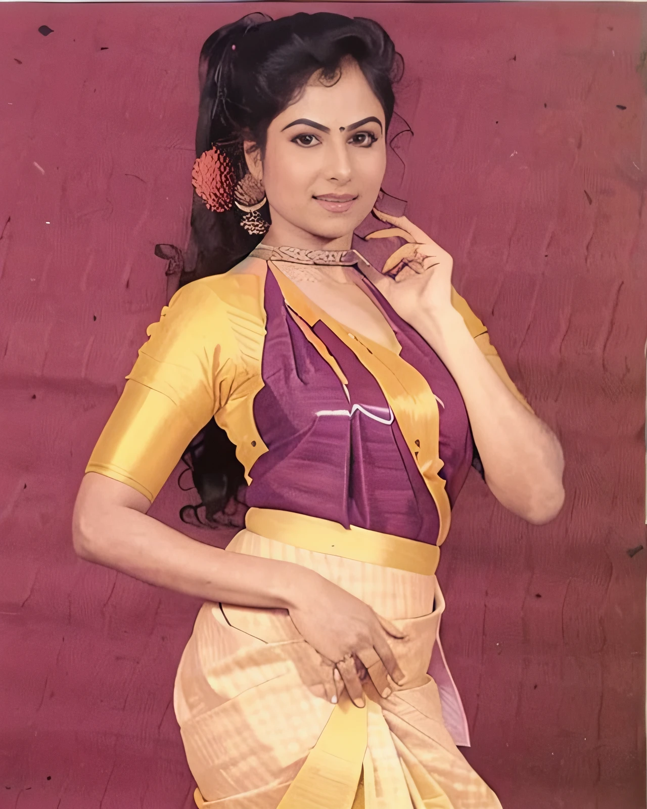 sharp focus photo of a ayjh woman in a dynamic pose, wearing elegant high-neck colorful Dhoti Saree covering chest area, looking at camera, perfect hands and fingers, natural proportions, simple white background, <lora:ayjh_Ayesha_Jhulka_SD15_LoRA_prodigy_local_regs-000001:1>