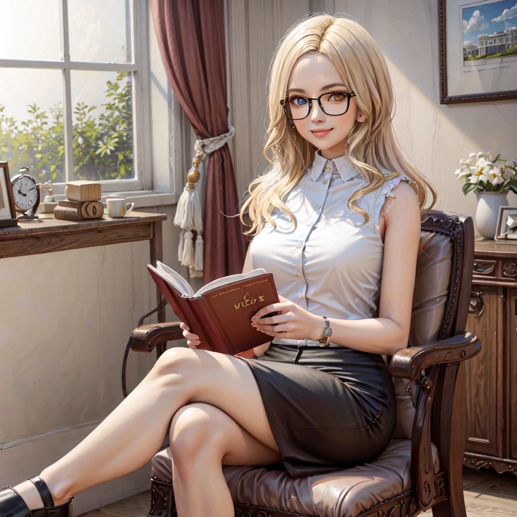 indoors, office, office table, legs crossed, black chair, documents, plant, window, sitting, upper body, portrait, smile, looking at viewer, reading a book, holding a book, masterpiece, higres, best quality, Neamhain, 1girl, long hair, blonde hair, (heterochromia, blue eyes, yellow eyes:1.2), shirt, skirt, jewelry, white shirt, shoes, glasses, sleeveless, black skirt, black footwear, bracelet, sleeveless shirt, pencil skirt, <lora:Neamhain_lora:0.6> fcDetailPortrait <lora:more_details:0.4>