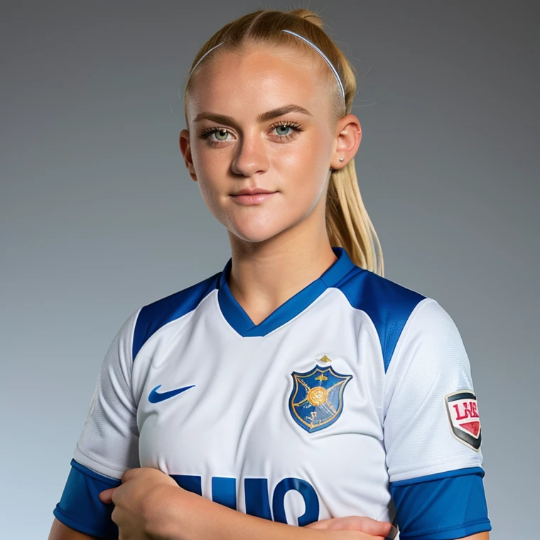 <lora:Evie:1>lora, realistic female footballer headshot, football kit