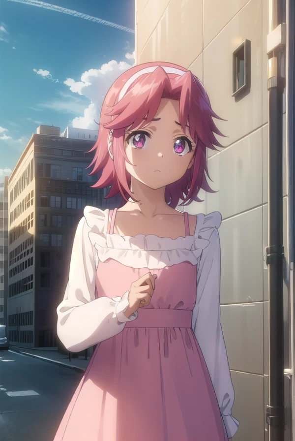 alicemaresato, <lora:alice maresato s1-lora-nochekaiser:1>,
alice maresato, short hair, pink hair, red hair, hairband, (pink eyes:1.3), (parted bangs:1.5),
BREAK dress, frills, long sleeves, pink dress,
BREAK outdoors, city, zombies, sun, sky, clouds, cars,
BREAK looking at viewer, (cowboy shot:1.5),
BREAK <lyco:GoodHands-beta2:1>, (masterpiece:1.2), best quality, high resolution, unity 8k wallpaper, (illustration:0.8), (beautiful detailed eyes:1.6), extremely detailed face, perfect lighting, extremely detailed CG, (perfect hands, perfect anatomy),