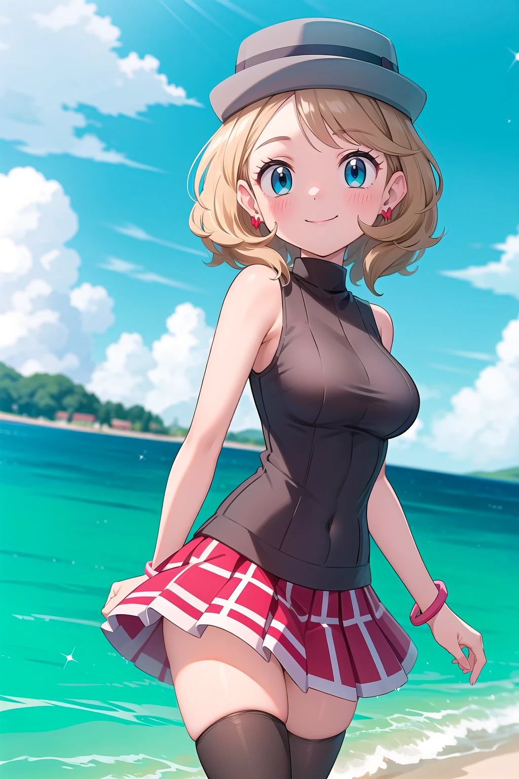 gonzarez, masterpiece, Serenaj, 1girl, grey headwear, solo, jewelry, thighhighs, sleeveless turtleneck, turtleneck, skirt, smile, sweater vest, blonde hair, earrings, hat, blue eyes, sleeveless, closed mouth, eyelashes, vest, blush, bangs, breasts, medium hair, bracelet, looking at viewer, outdoors, black thighhighs, brown thighhighs, sky, day, sparkle, shiny, cloud, pleated skirt, red skirt, brown vest, water, cowboy shot, <lora:Serena_Journeys:0.8> <lora:more_details:0.2>