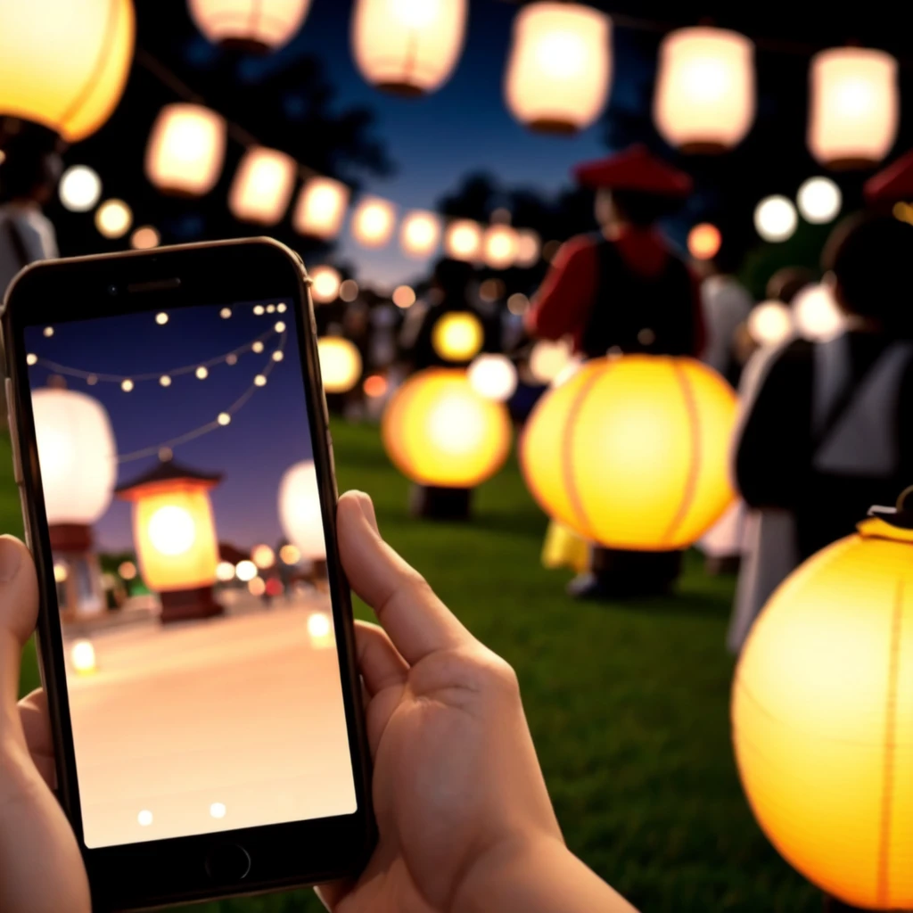 bracelet, lantern, pov hand, smartphone, festival, night, paper lantern, <lora:lantern_and_smartphone_v1:0.5>