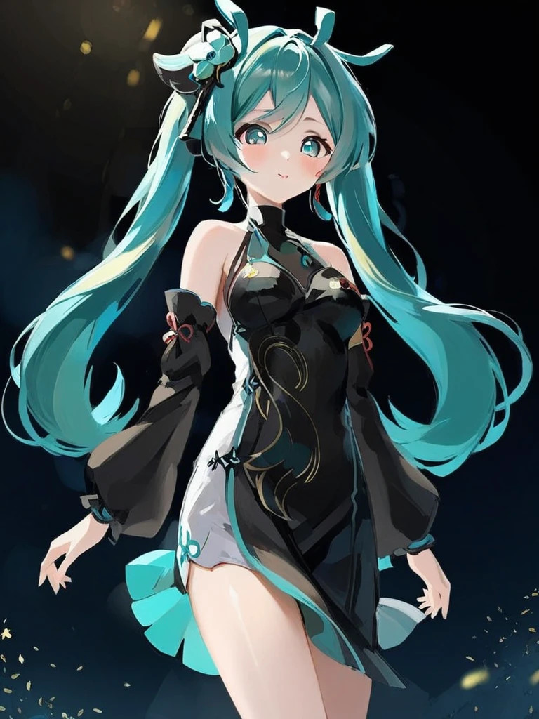 <lora:xl_shenhe(lenghuayoulu)2-000012:1>,She is wearing the "Lenghuayoulu" outfit which includes black china dress and black black sleeves,hatsune miku,, masterpiece, best quality,