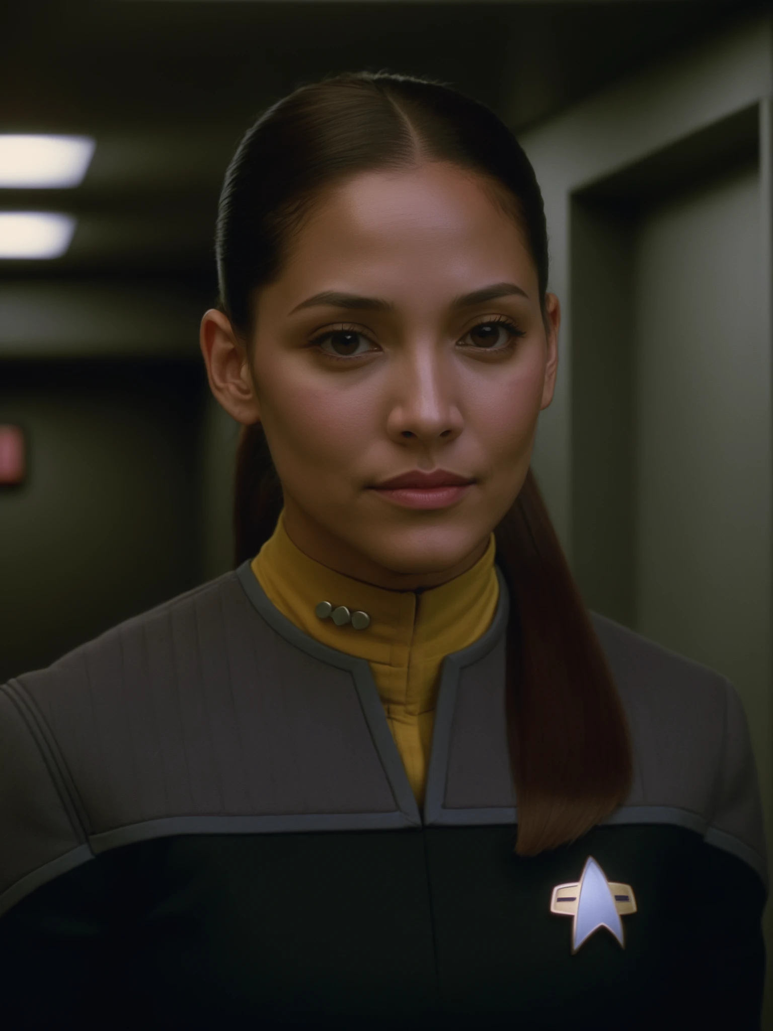latino woman,brown hair,ponytail,black and grey ds9st uniform,yellow collar,in a hallway<lora:DS9XLVGRAD3:0.8>