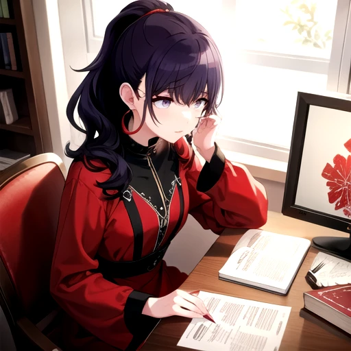 <lora:Mafuyu2024-05:0.7>, amafuyu, black hair, long sleeves, dress, jewelry, sitting, ponytail, earrings, indoors, book, red dress, light particles, paper, pen, paintbrush, pencil