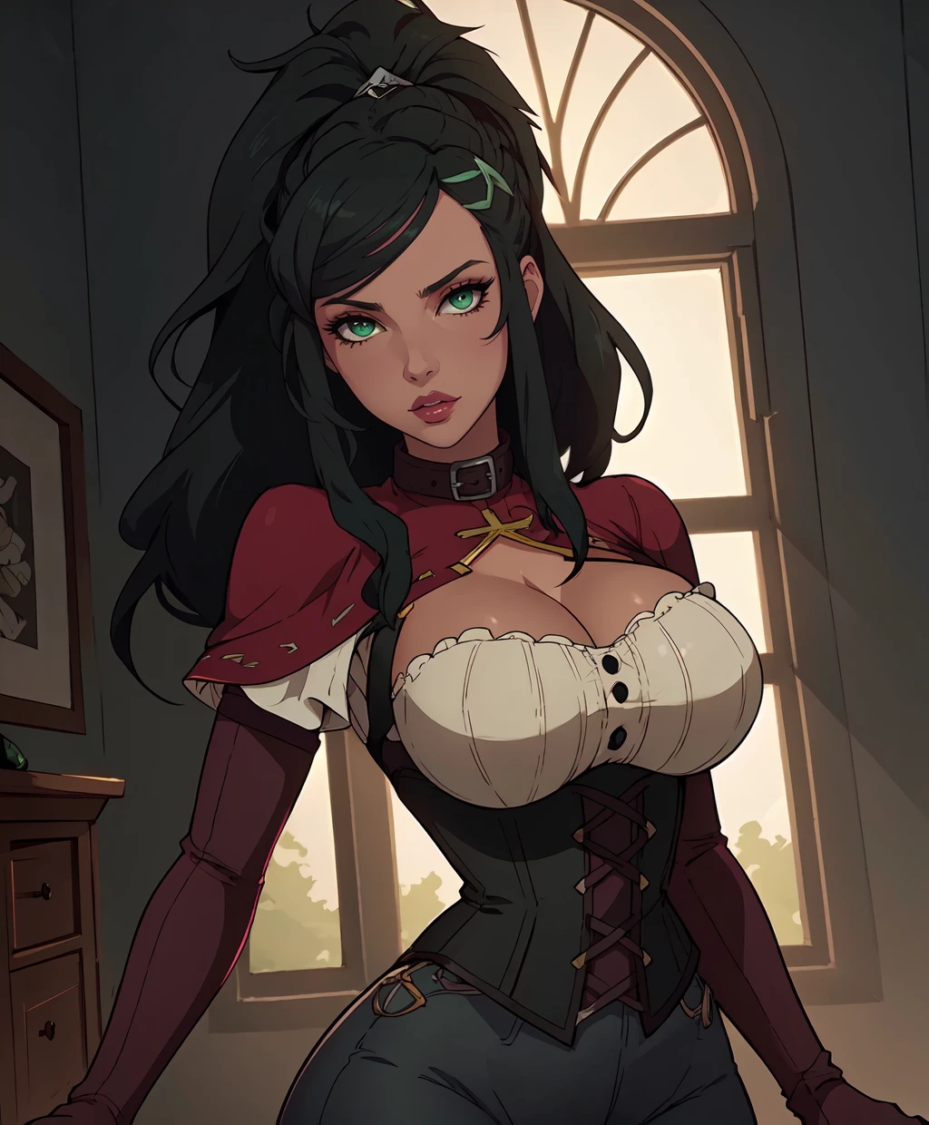 dorothea_sj, mature female, detailed, masterpiece, HDR, detailed sharp, best quality, highres, 1girl, solo,
makeup, thick lips, lipstick, eyeshadow,
black hair, hair ornament, dark skin, ponytail, green eyes, sidelocks, collar, hairclips, capelet, pants, boots, clothing cutout, juliet sleeves, corset, gloves,
backlighting, depth of field, indirect lighting, dim lighting,
upper body,
curvy, thick thighs, narrow waist, wide hips, large breasts, soft, squishy,
<lora:Dorothea_v01:0.80>