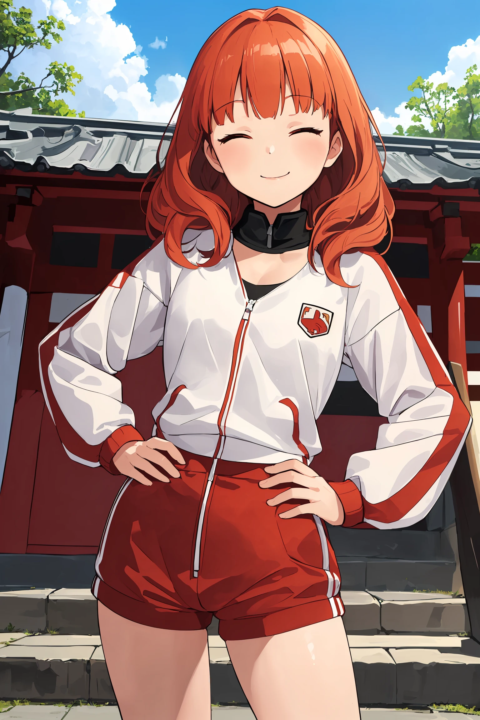 masterpiece, best quality, absurdres, 1girl, solo, smile, standing, facing viewer, <lora:EPfeCelica-08:0.7>, EPfeCelica, orange eyes, red hair, pillarboxed, town, japanese architecture, day, pray hand on hip, track jacket, hotpants, detached collar, roof rack, (closed eyes:1.2), smile