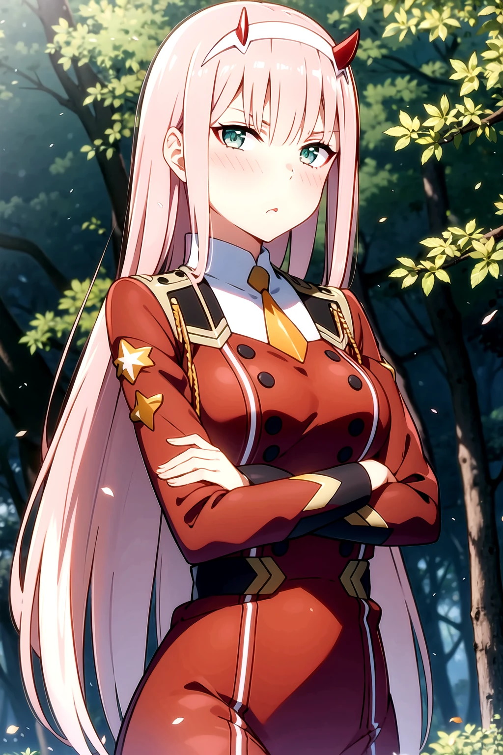 <lora:ZeroTwo-09:0.7>, ZeroTwo, 1girl, solo, long hair, looking at viewer, long sleeves, dress, medium breasts, very long hair, green eyes, standing, pink hair, pantyhose, hairband, parted lips, necktie, horns, uniform, aqua eyes, black pantyhose, military, military uniform, red dress, straight hair, white hairband, short necktie, orange necktie, outdoors, forest, blue sky, upper body, blush, nose blush, closed mouth, crossed arms, serious