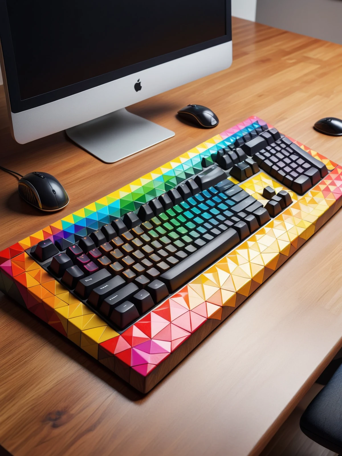 Computer with colorful mad-triangle keyboard on wooden desk in office Computer with mad-circuit keyboard on wooden desk in office  <lora:Colorful_Triangles_SDXL:0.5>, (masterpiece:1.2), best quality, (hyperdetailed, highest detailed:1.2), high resolution textures