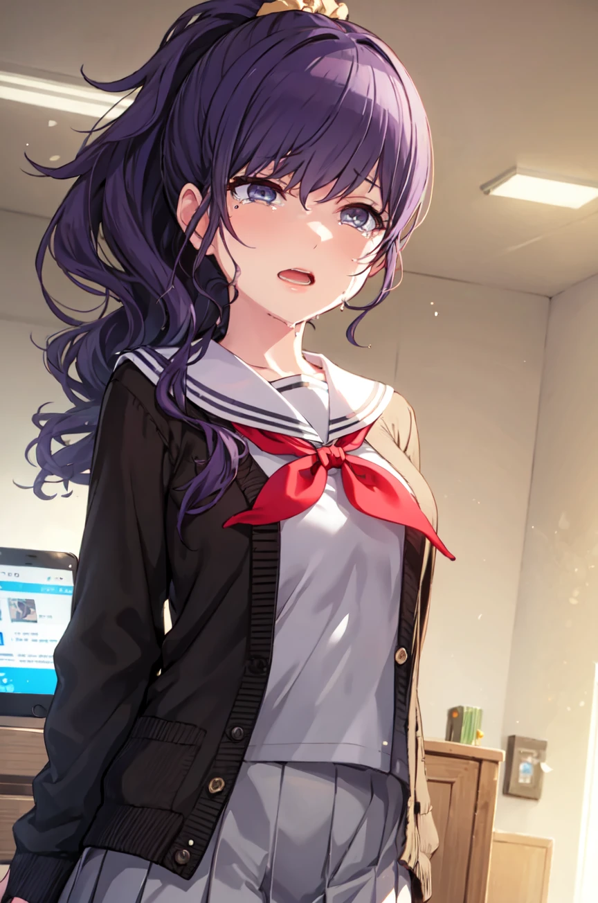 amafuyu, open mouth, skirt, shirt, black hair, hair ornament, long sleeves, holding, school uniform, ponytail, pleated skirt, open clothes, serafuku, indoors, tears, sailor collar, mole, neckerchief, dutch angle, phone, scrunchie, cardigan, cellphone, crying, high ponytail, grey shirt, light particles, red neckerchief, grey skirt, backlighting, holding phone, white sailor collar, open cardigan, ceiling, black cardigan, ceiling light,amafuyu, ponytail, high ponytail, scrunchie