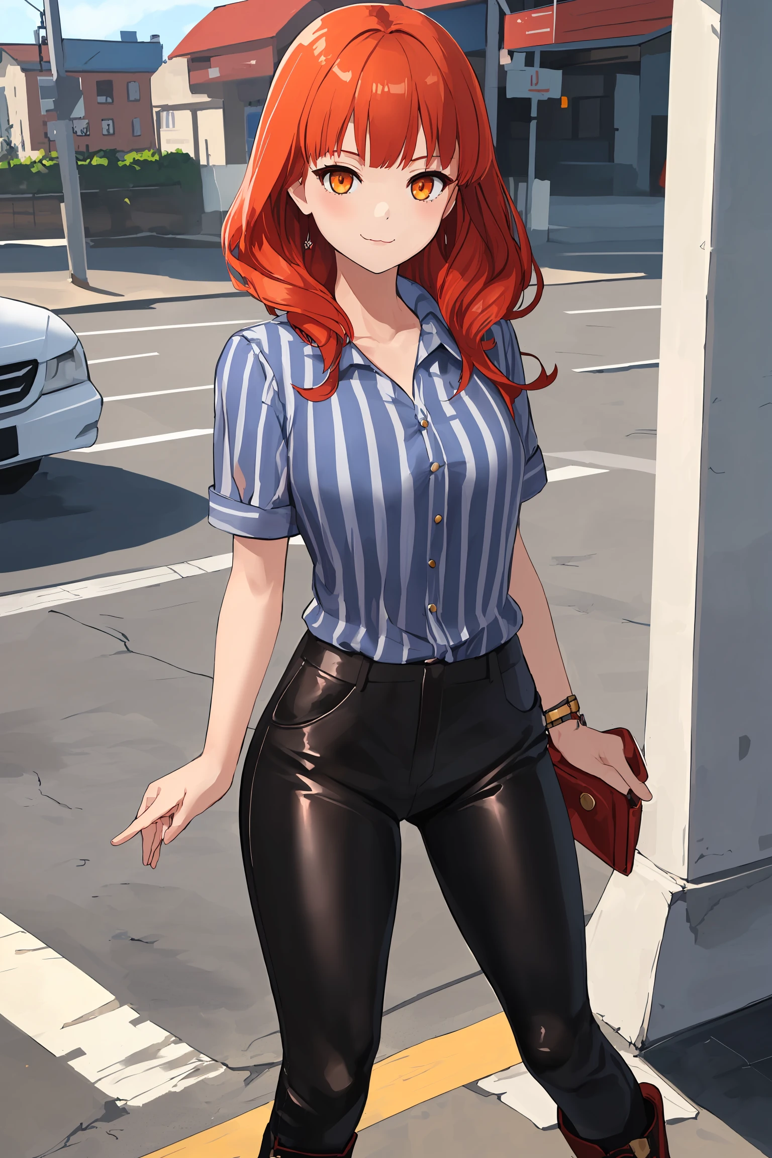 (Masterpiece, Best Quality, High Quality), volumetric lighting, illustration, beautiful, perfect lighting, perfect shadows,Nishikino maki ,solo, purple eyes ,red hair , curvy hourglass body,busty,shirt, hat, jewelry, jacket, white_shirt, earrings, belt, pants, hand_up, necklace, bag, sunglasses, denim, jeans, handbag, orange_jacket