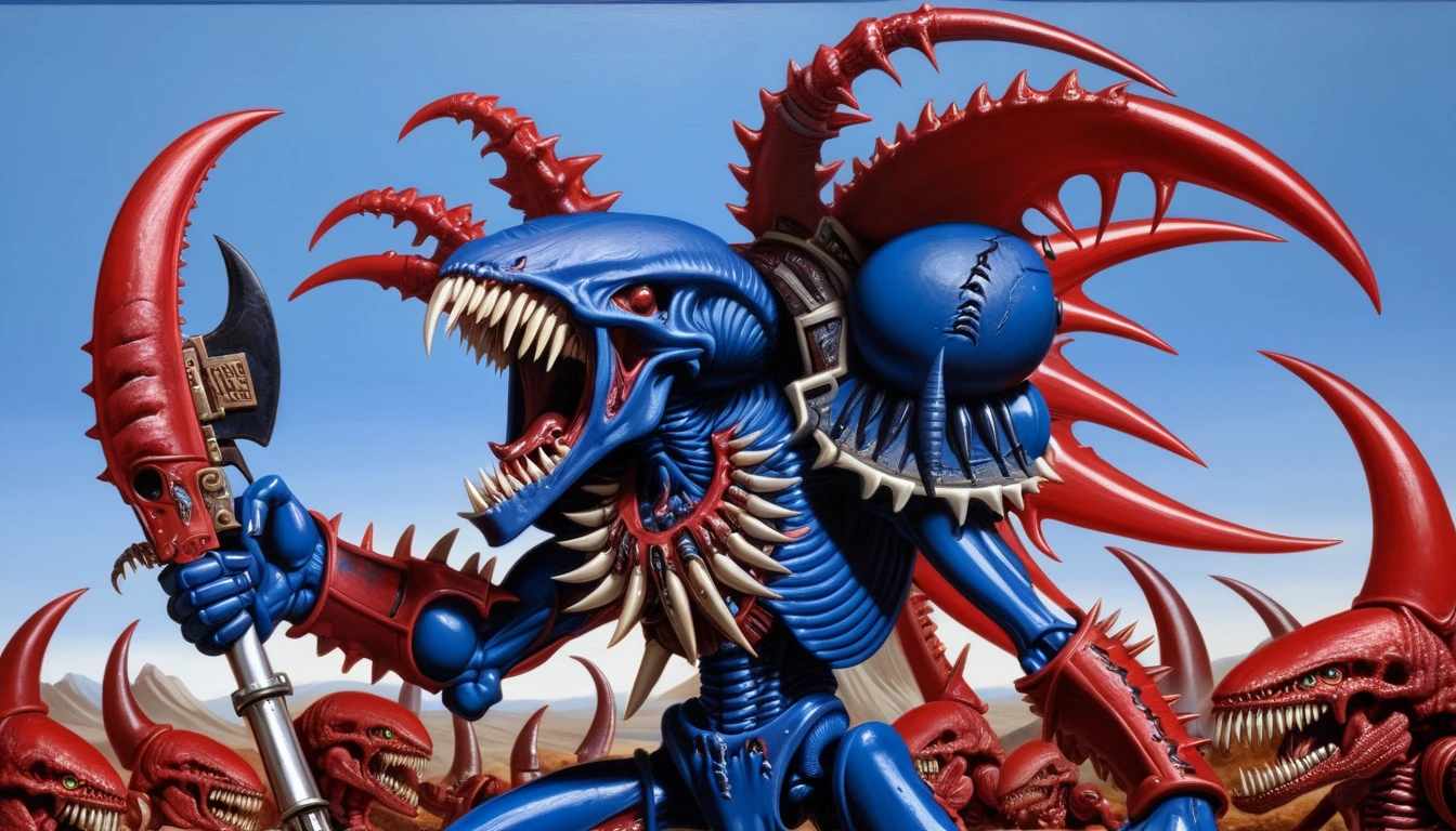 painting from Warhammer 40k, Tyranid Warrior, blue, sharp teeth, blood, grimdark, red eyes
bold colors, (highly detailed), oil on canvas, hires scan, by Adrian Smith
<lora:Oldhammer:1>