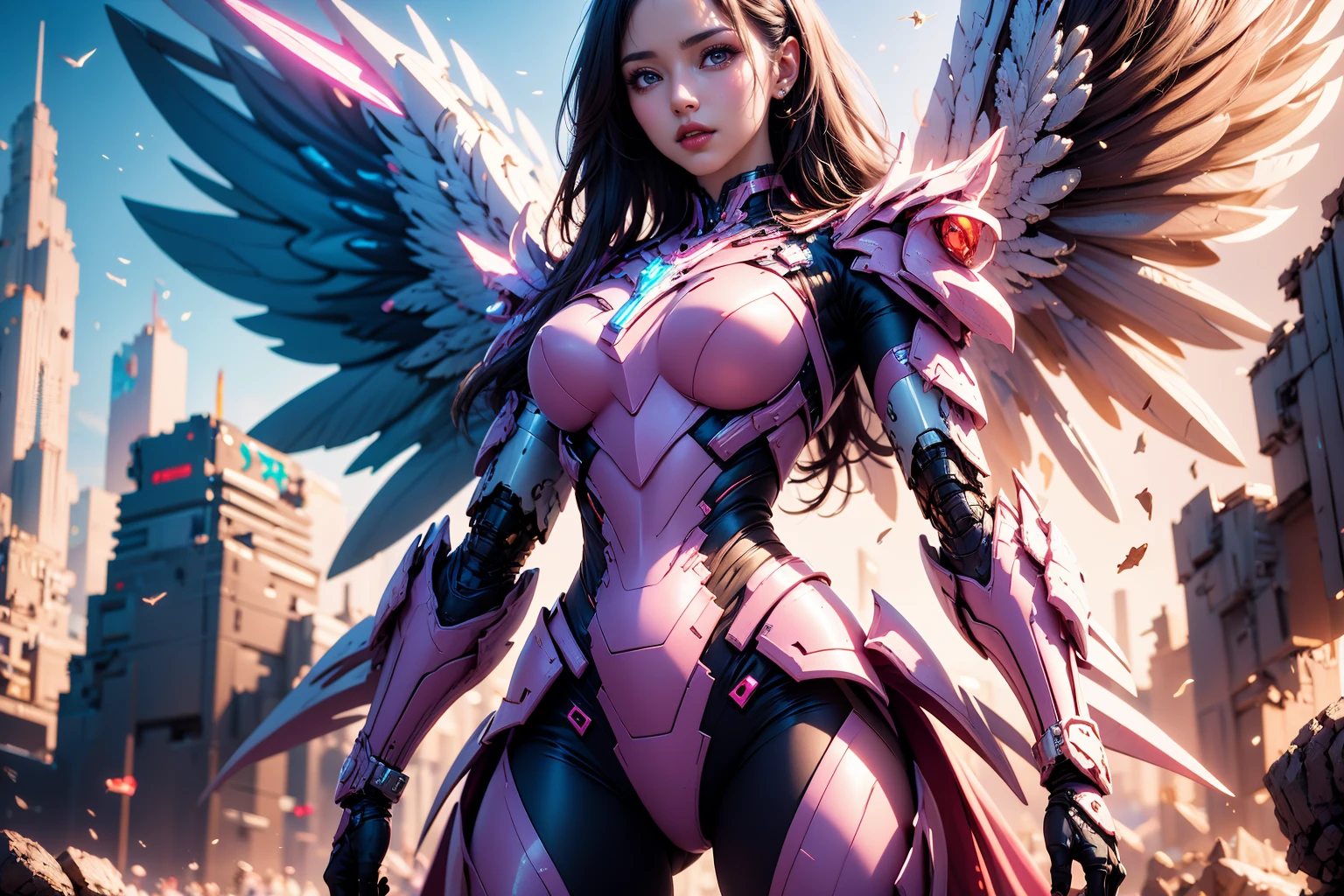 1girl,concept artwork,black hair,(Heroic and heroic girl:1.4),sky,wing,wings with fans,graphics card fan,strong woman mecha warrior,mighty and domineering,cool mecha,32k,pink and white color scheme,white armor,white_background,standing,cowboy_shot,<lora:AGirl_v1:0.7>,