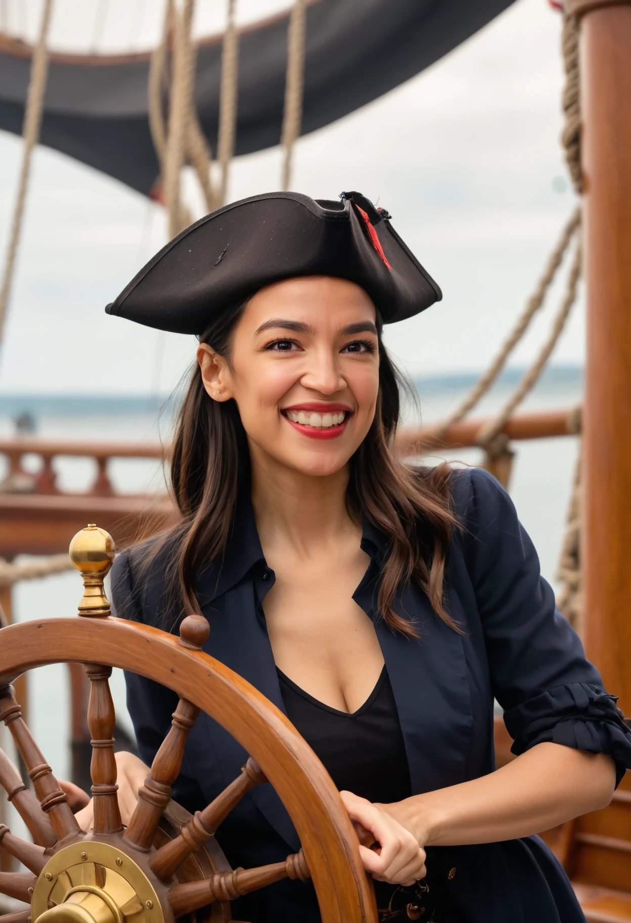 stunning medium photo of alexandria_ocasio_cortez dressed as a pirate, turning the wheel of a pirate ship, tricorn hat, smiling, ship nautical background, <lora:alexandria_ocasio_cortez_aoc_sdxl_60:0.75>