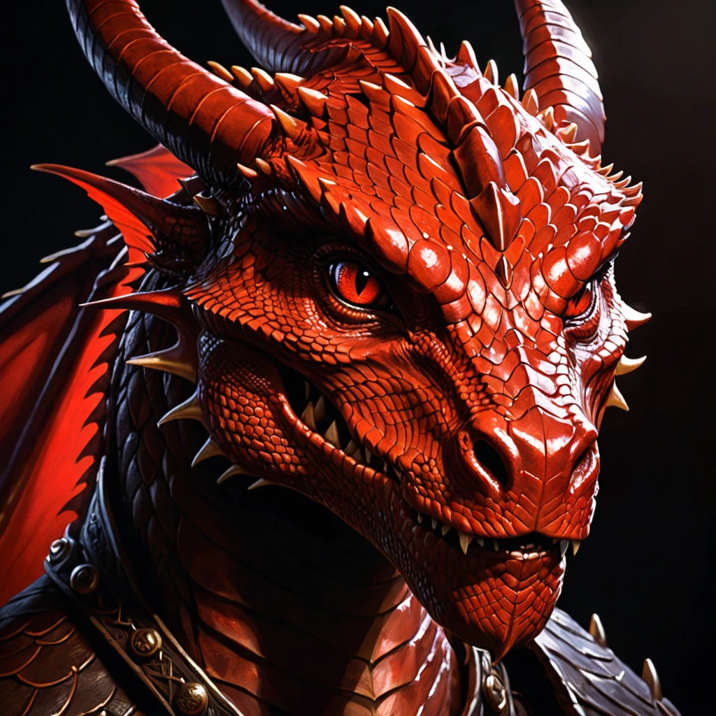 red dragon,
dark theme, detailed face, realistic skin texture,
low key, rim lighting, high contrast, deep shadows, dimly lighted,
eye contact, 
portrait,
looked at camera,
by greg rutkowski,
epic, masterpiece, trending on ArtStation,