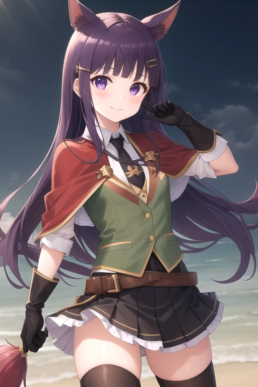 ((masterpiece)),(best quality),official art,extremely detailed CG,unity 8k wallpaper,ultra detailed,beautiful detailed eyes,extremely detailed face,1girl,solo,cowboy shot,looking at viewer,facing viewer,smile,kasumi (princess connect!),animal ears,dog ears,very long hair,purple hair,hairclip,sidelocks,blunt bangs,purple eyes,red capelet,brown jacket,open jacket,green vest,black necktie,white shirt,collared shirt,black gloves,half gloves,belt,black skirt,pleated skirt,frilled skirt,black thighhighs,thighhighs under boots,zettai ryouiki,knee boots,black footwear,<lora:Kasumi(pcr)>,