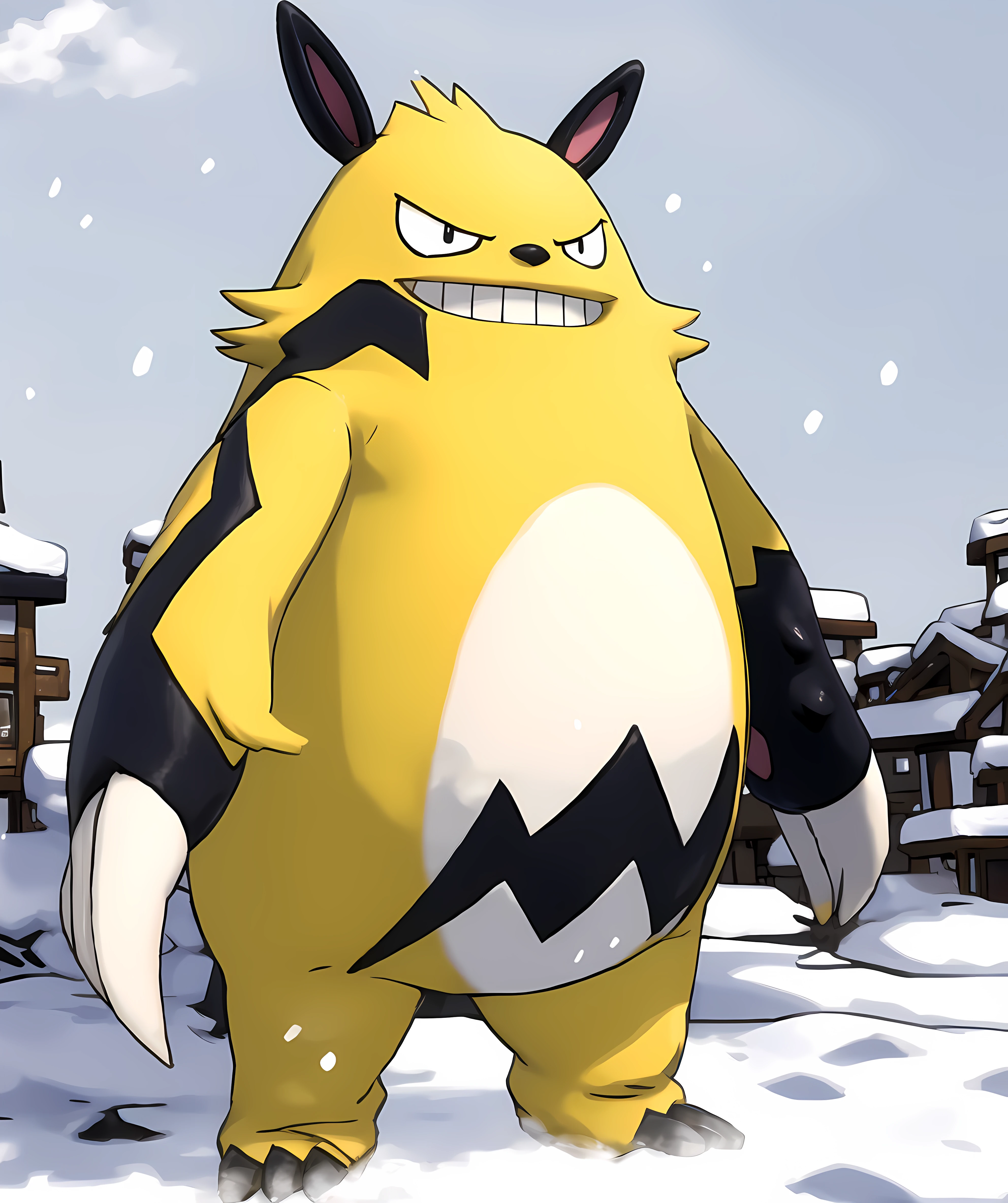 grizzbolt_palworld, standing, town, winter, snow, (sugimori ken \(style\):1.3), flat color <lora:Grizzbolt-15(2):0.8> <lora:pokemon_v3_offset:1>