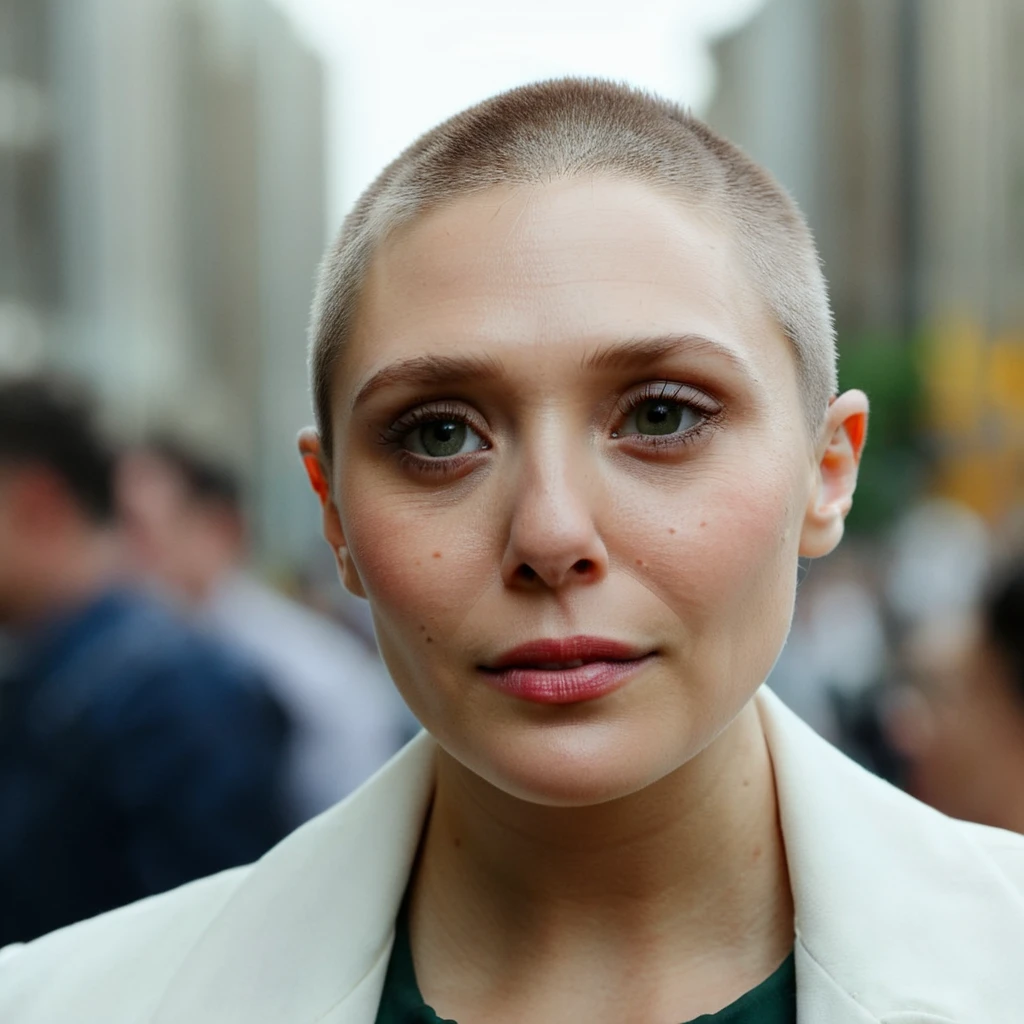 No hair, bald, Elizabeth Olsen with a buzzcut, (Skin Texture, pores, natural,iPhone,RAW)), natural lighting, Highest Quality closeup Portrait photo of Elizabeth Olsen wearing no makeup with a ((buzzcut)), Nikon Z9, realistic matte skin,  blurry city in the background, 8K,     <lora:multiceleb_ana_nat_em_eli_xl2_standard_merger_12_50_03_07:1>