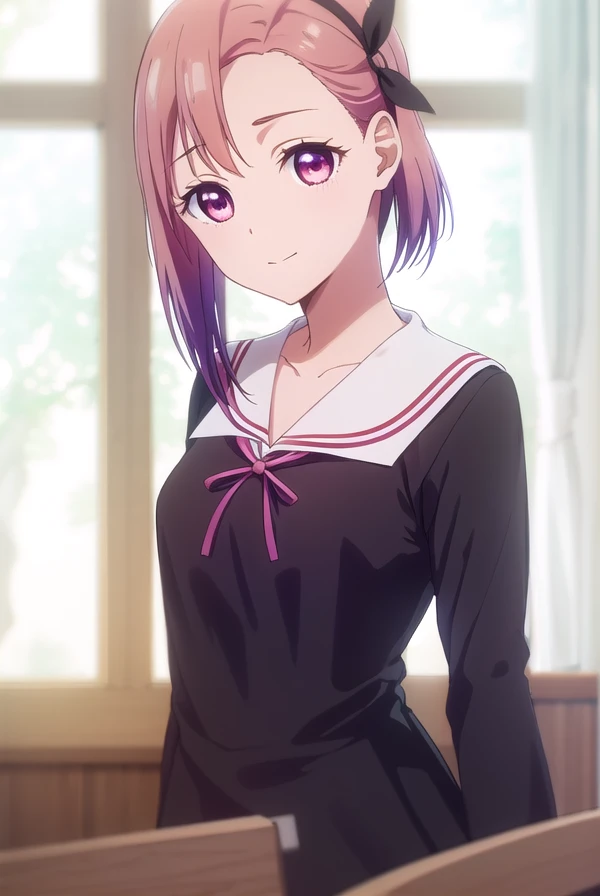 tsubamekoyasu, <lora:tsubame koyasu s3-lora-nochekaiser:1>,
tsubame koyasu, short hair, hair ribbon, pink hair, purple hair, multicolored hair, (pink eyes:1.3), gradient hair, (swept bangs:1.5), smile,
BREAK long sleeves, dress, ribbon, school uniform, collarbone, (black dress:1.2), sailor collar, white sailor collar, red ribbon, neck ribbon, shuuchiin academy school uniform,
BREAK indoors, classroom,
BREAK looking at viewer, (cowboy shot:1.5),
BREAK <lyco:GoodHands-beta2:1>, (masterpiece:1.2), best quality, high resolution, unity 8k wallpaper, (illustration:0.8), (beautiful detailed eyes:1.6), extremely detailed face, perfect lighting, extremely detailed CG, (perfect hands, perfect anatomy),