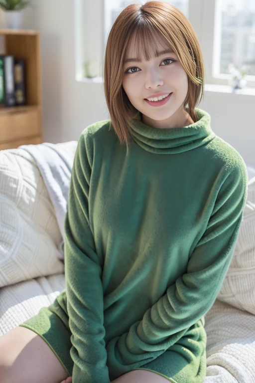 1girl, solo,(green snuggly wear:1.8),(RAW photo, best quality), (realistic, photo-realistic:1.4), masterpiece, an extremely delicate and beautiful, extremely detailed, 2k wallpaper, Amazing, finely detail, extremely detailed CG unity 8k wallpaper, ultra-detailed, highres, soft light, beautiful detailed girl, extremely detailed eyes and face, beautiful detailed nose, beautiful detailed eyes,(soft light:1.8),(in the living room:2.0),perfect anatomy,(slender body:1.6),(close up face:1.6),(gently smile,Friendly, warm:2.0),(looking at viewer:1.8),(japanese idol:1.8),(brown eyes:1.8),(short hair:1.8),(sitting on the sofa:1.8), (cleavage:1.2), <lora:izumifuuka_lora-v2_01:0.8>