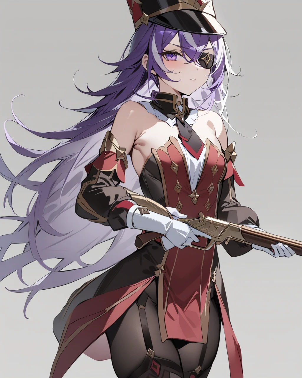 masterpiece,best quality,<lora:hevreuse_4dim:1>,1girl,hat,shako cap,purple hair,long hair, eyepatch, purple eyes,detached collar, necktie,bare shoulders,detached sleeves,dress,white gloves,black pantyhose, garter straps,white thigh boots, gun,holding gun, grey background,