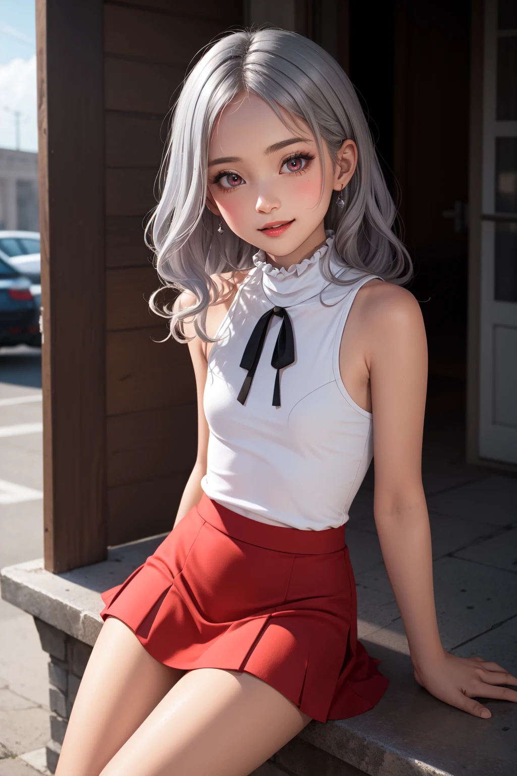 (masterpiece, best quality, SFW:1.2), evocative, crystalline, muted colors, halo
BREAK
1girl, :o, grin, looking at viewer, forehead, (cute, petite:1.2), flat_chest, thin legs, thick thighs, (bright silver hair, mullet, wavy hair:1.2), (medium violet red eyes:1.2)
BREAK
(frills sleeveless turtleneck, sukajan, orange_colored skirt, light brown side-tie panties)
BREAK
eye focus,wide shot, reaching
BREAK
outdoors, drydock
