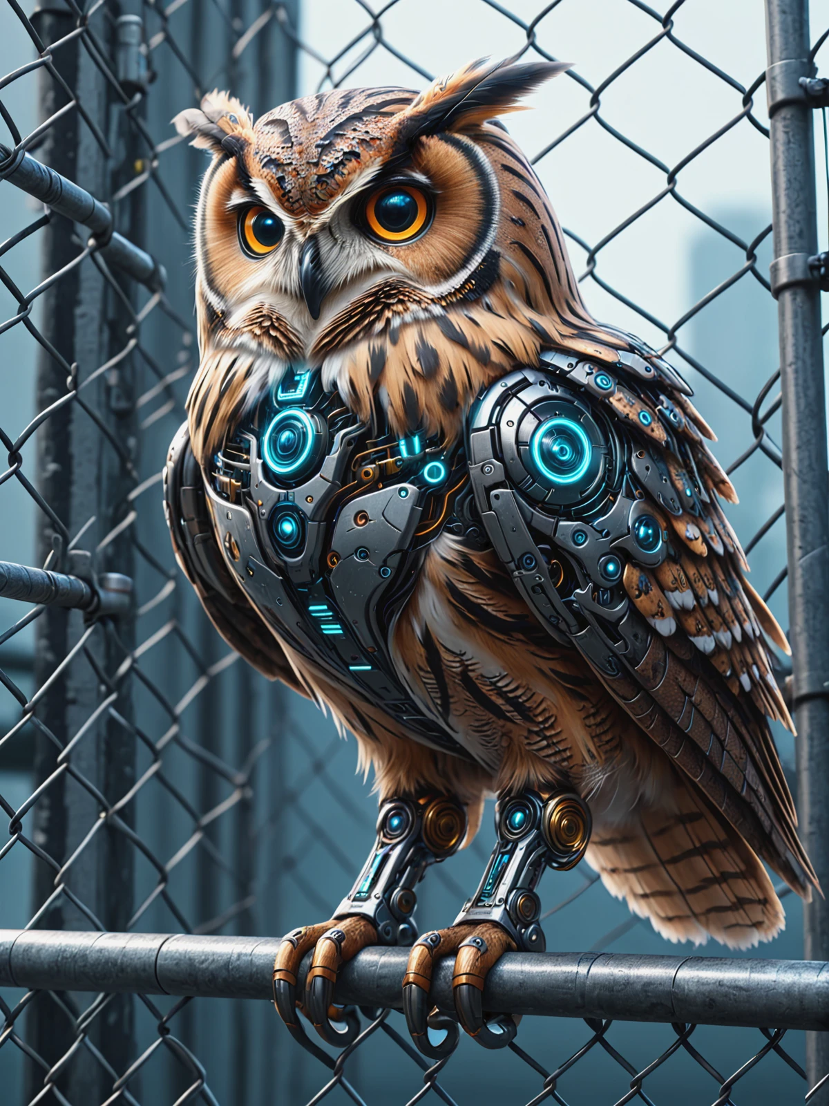 cyberanimals owl on a link fence, cyberpunk <lora:Neon_Cyberpunk_SDXL_Cyberanimals:0.6>, (masterpiece:1.2), best quality, (hyperdetailed, highest detailed:1.2), high resolution textures