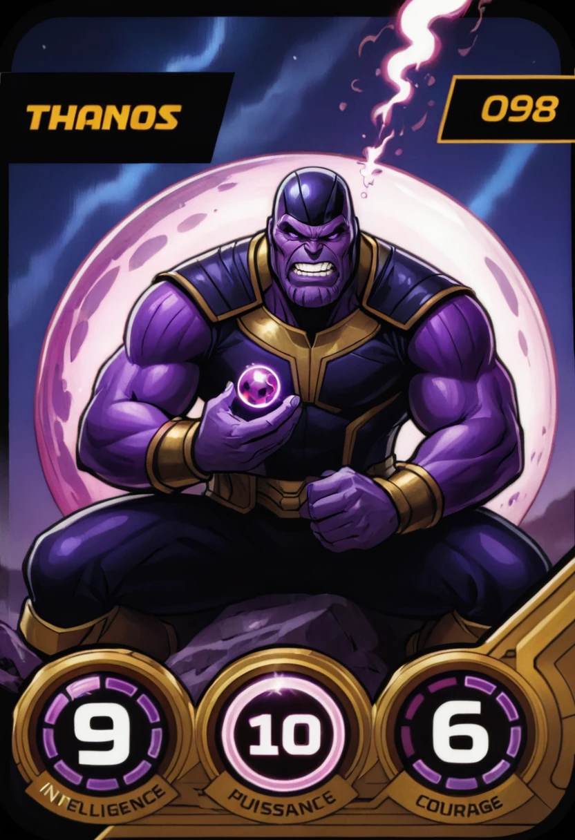 (best quality, masterpiece, absurdres, highres, ultra_detailed, dynamic angle:1.2), villaincard, intelligence9, power10, courage6, portrait of Thanos on his throne, holding a purple glass glowing orb, floating rocks, energy flows, lightning streaks, gold helmet, golden armor, clenched teeth, index098, (red and black hud with white numbers), (intricate details, hyperdetailed:1.15), (ultrahigh resolution textures), bokeh, (volumetric, cinematic) lighting, depth of field, <lora:marvel_promo_cards_2023_locon_xl_villain_v1:0.6>