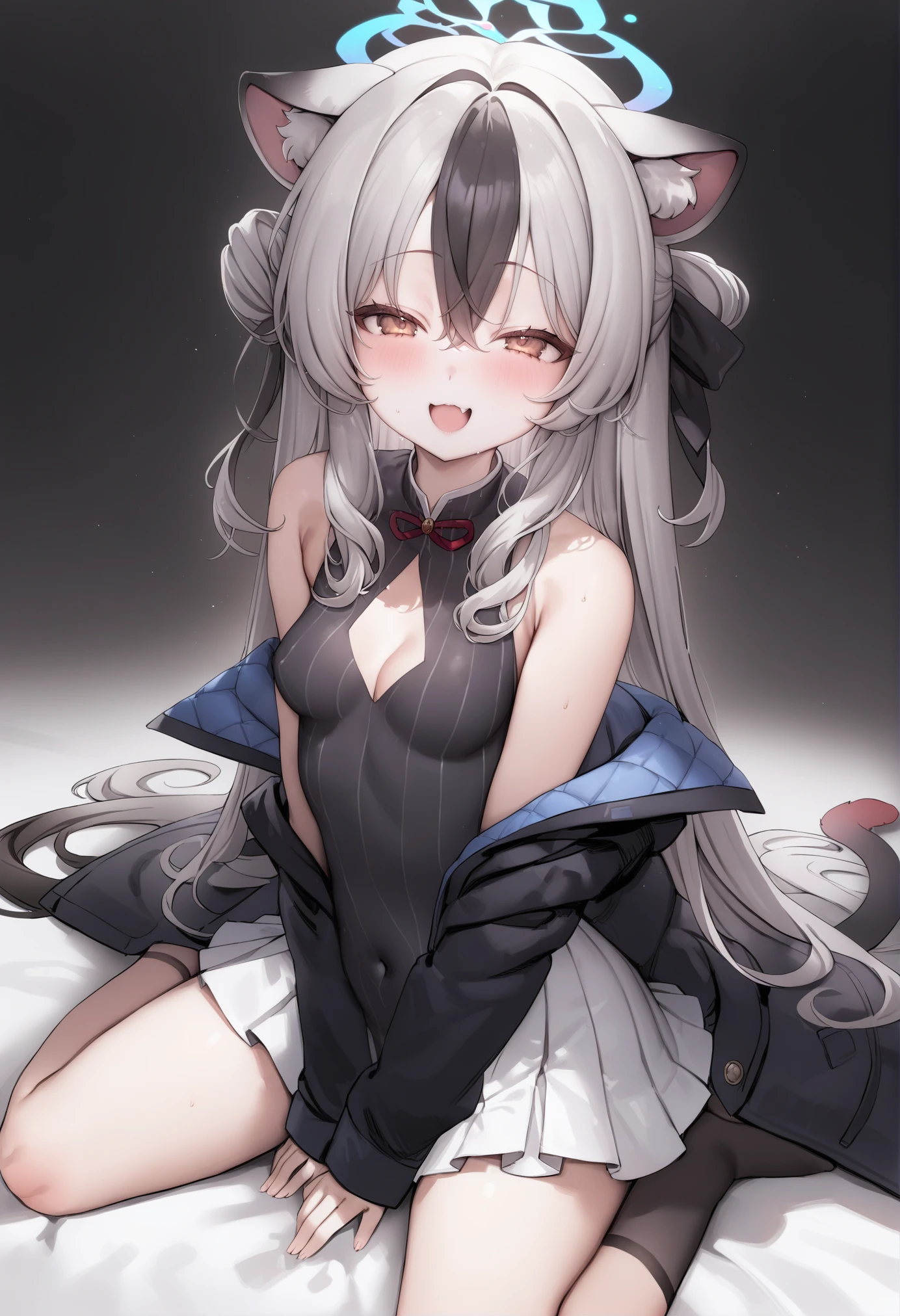 masterpiece, best quality, <lora:frengXL_V1:1> 1girl, solo, animal ears, long hair, sitting, dress, halo, looking at viewer, multicolored hair, smile, streaked hair, wariza, breasts, black dress, small breasts, jacket, brown eyes, very long hair, blush, striped dress, black jacket, open mouth, fang, grey hair, off shoulder, socks, striped, covered navel, bangs, black hair, :d, clothing cutout, black socks, hair between eyes, tiger ears, sleeveless, open clothes, sleeveless dress, open jacket, vertical-striped dress, vertical stripes, tiger girl, long sleeves, skirt, white skirt, animal ear fluff