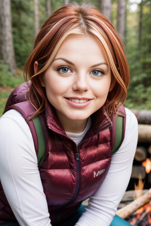 GerHa1TTXV1D,
a beautiful smiling woman in hiking clothes sitting next to a campfire fireplace with trees in the background, (wide smile), (wide open mouth:.12)
(professional photo shooting), (high buget photo), (extremely detailed skin), (flawless skin), (model pose), (highly detailed facial features),
(natural light), (high quality photography), (intricate details), (8k), (HDR), (sharp focus), (close-up portrait)