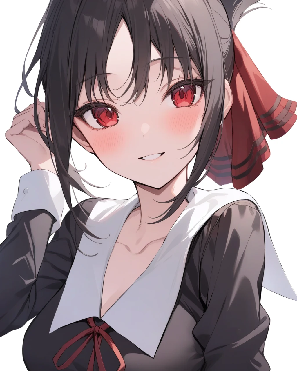 masterpiece,best quality,<lora:shinomiya_kaguya:1>,1girl,solo,shinomiya_kaguya,shuuchiin_academy_school_uniform,red_eyes,ribbon,red_ribbon,white_background,school_uniform,looking_at_viewer,smile,hair_ribbon,simple_background,upper_body,bangs,black_hair,neck_ribbon,dress,folded_ponytail,parted_bangs,parted_lips,black_dress,breasts,short_hair,shiny_hair,shiny,collarbone,sidelocks,long_sleeves,collared_dress,blush,floating_hair,
