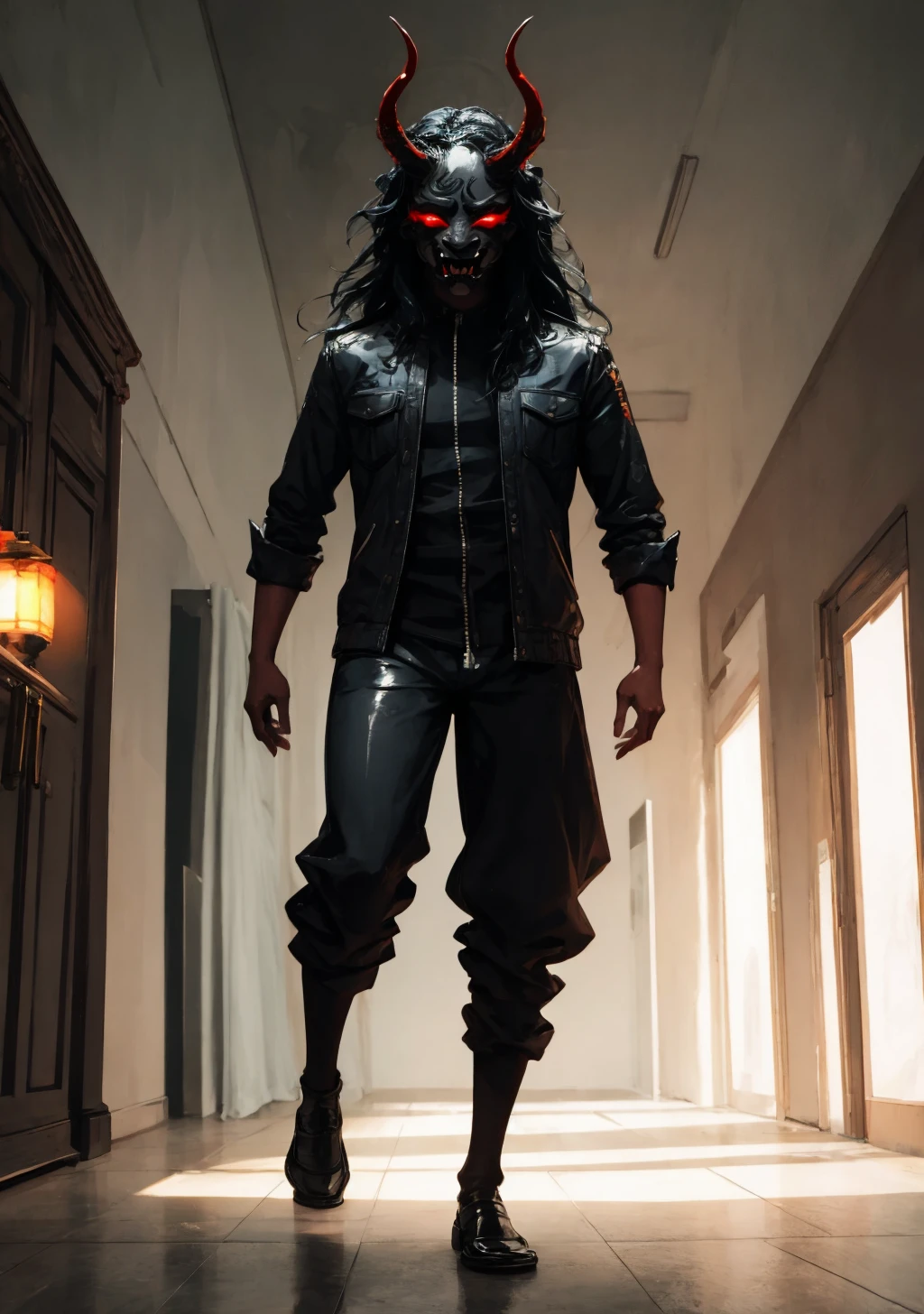 shadow, oni_mask, 1boy, male focus, black hair, red eyes, fake horns, horned helmet, full body, solo, <lora:oni_mask-08:1> <lora:shadow_lora-10:1>