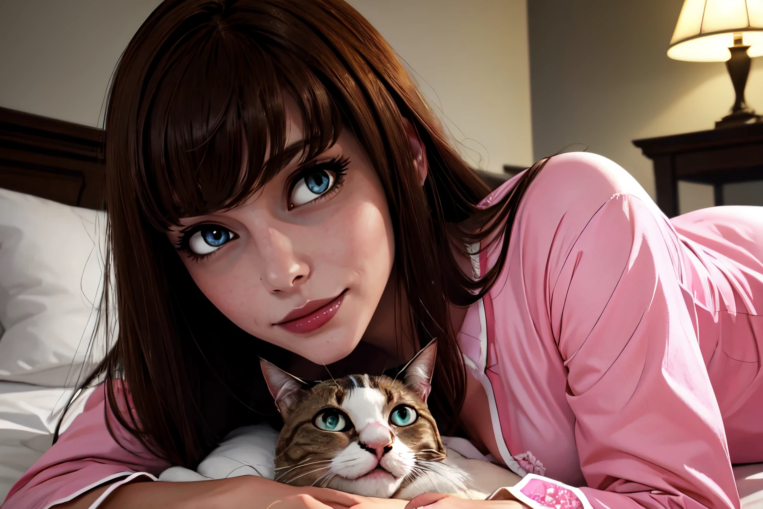 cowboy shot, a woman laying on bed (( cat on lap)), nighttime, dark, dim, no lights, light from smartphone, smartphone laying on bed, beautiful eyes, beautiful girl, high detail skin, high detail eyes, high detail hair, highres, ultra detailed, sharpen picture, Highly detailed, masterpiece, best quality, photorealistic,
<lora:HaeyoomKaramLoRA:0.8> 1girl, long hair, bangs, pink pyjama