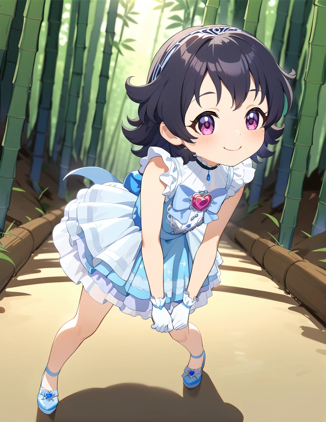 best quality, ultra-detailed, (1girl, solo,  flipped hair, black hair, <lora:sdxl-little_my_cinderella-v1:1>,, littlemycinderella, blue dress, sleeveless, standing ,, smile ),in a bamboo forest