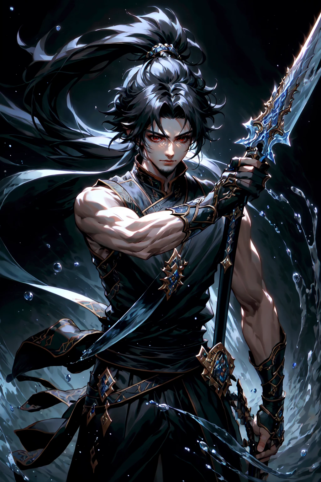 masterpiece, official art, best quality , extremely detailed, fantasyv2, solo, 1boy, male focus, long hair, black hair, closed mouth, ponytail, holding, holding sword, sword, water, depth of field, rembrandt lighting, chinese clothes , <lora:fantasyv2:0.6>