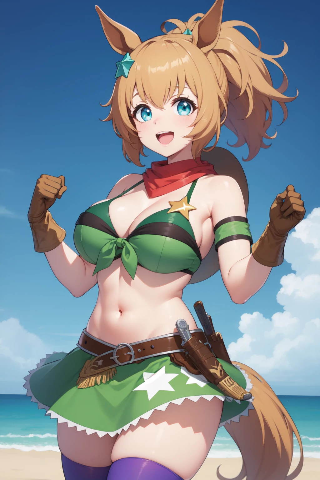 Anime illustration、highest quality、Sandy Beach、Image Video、Voluptuous gravure idol、Perfect proportions、bikini、Overwhelmingly large breasts、Very thick legs、Beautiful, shining eyes、Blushing、smile、Cowboy Shot