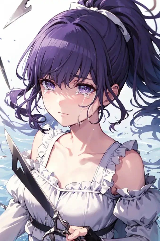 amafuyu, looking at viewer,  long sleeves, dress, holding, closed mouth, purple eyes, collarbone, upper body, ponytail, frills, tears, white dress, floating hair, expressionless, crying, high ponytail, white ribbon, crying with eyes open, scissors, holding scissors, cutting hair