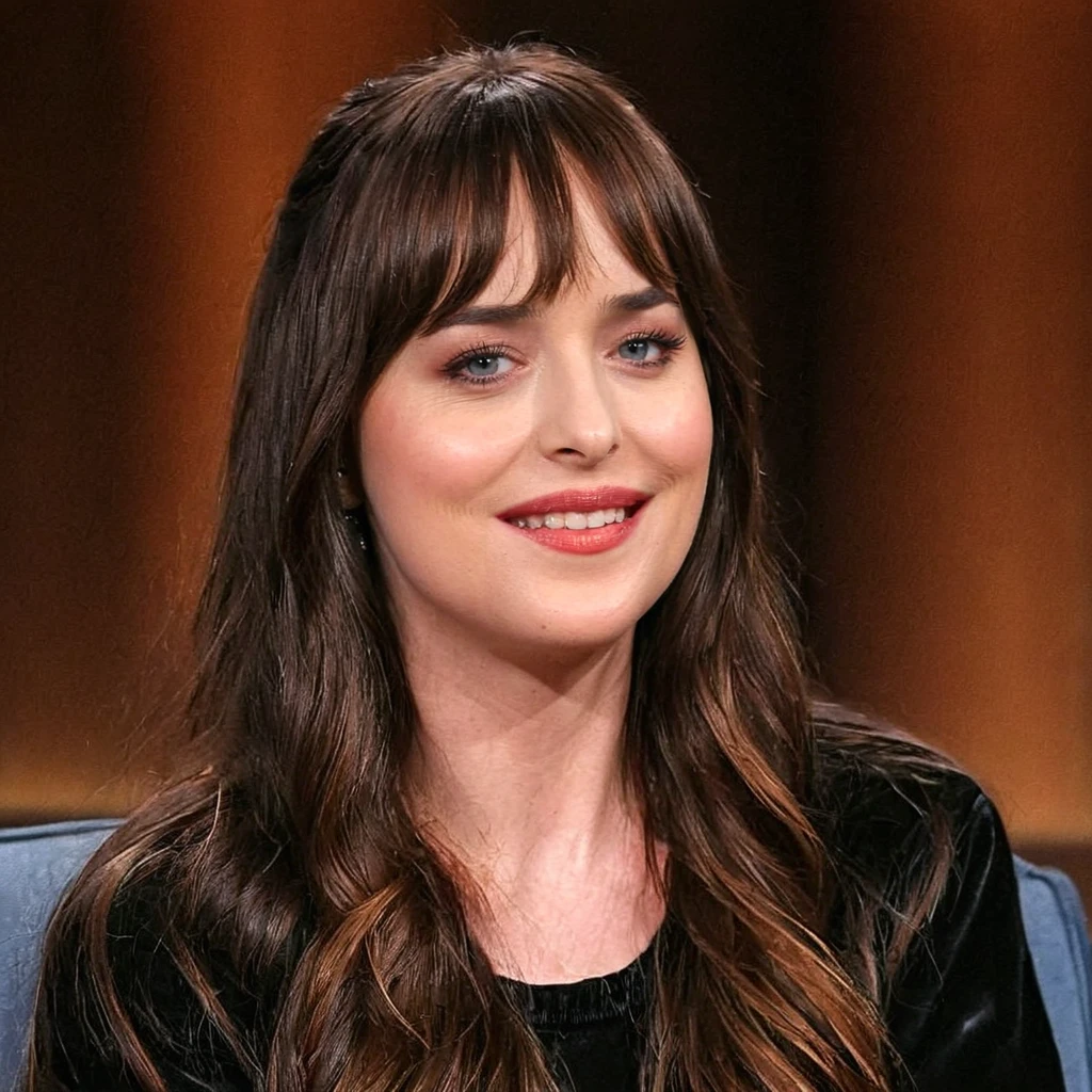 Dakota Johnson on a talkshow scene, gentle smile, talking to others, cinematic, high quality, super high res <lora:dakotajohnson_xl-000015:1>